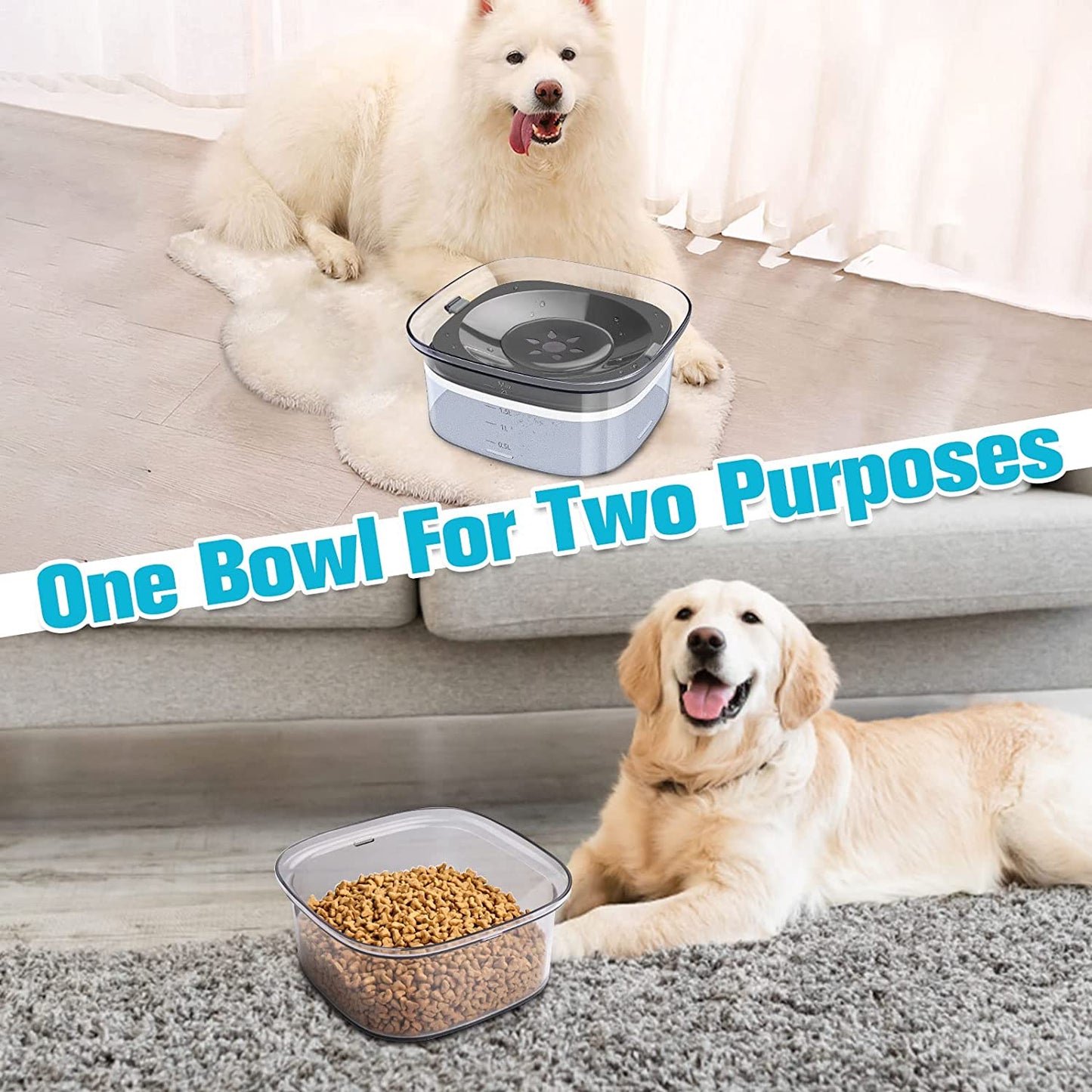 70Oz Dog Water Bowl 2L No Spill Large Capacity Slow Feeder, Spill Proof Pet Water Dispenser Vehicle Carried Travel Drinking Water Bowl for Dogs, Cats