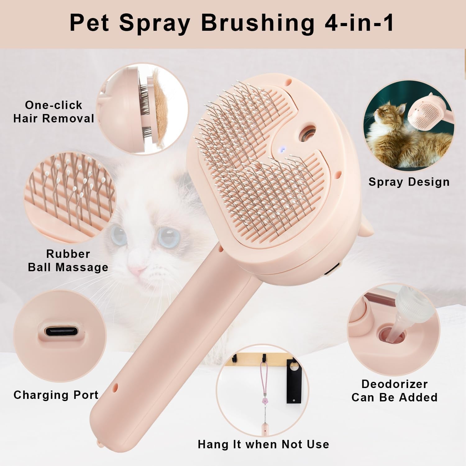 Pet Steam Hair Comb Brush for Shedding, 4 in 1 Spray Brush for Long & Short Haired Cat&Dog, Self-Cleaning Hair Remover with Water Tank and LED Blue Light, Release Button (Pink)