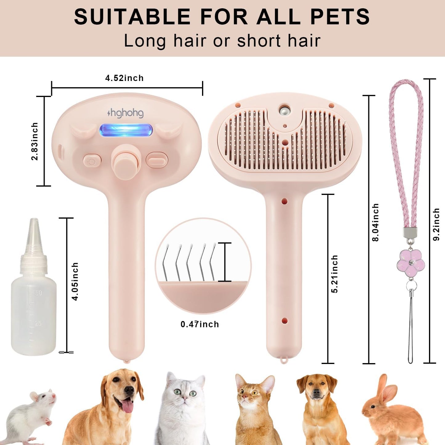 Pet Steam Hair Comb Brush for Shedding, 4 in 1 Spray Brush for Long & Short Haired Cat&Dog, Self-Cleaning Hair Remover with Water Tank and LED Blue Light, Release Button (Pink)