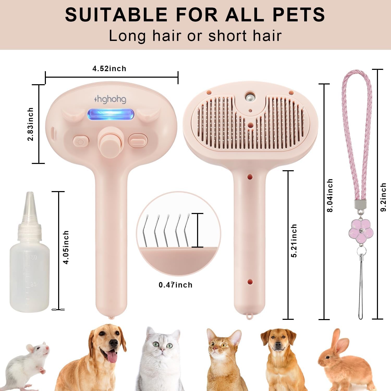 Pet Steam Hair Comb Brush for Shedding, 4 in 1 Spray Brush for Long & Short Haired Cat&Dog, Self-Cleaning Hair Remover with Water Tank and LED Blue Light, Release Button (Pink)