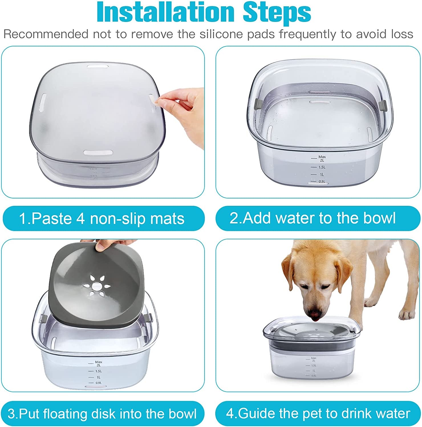 70Oz Dog Water Bowl 2L No Spill Large Capacity Slow Feeder, Spill Proof Pet Water Dispenser Vehicle Carried Travel Drinking Water Bowl for Dogs, Cats