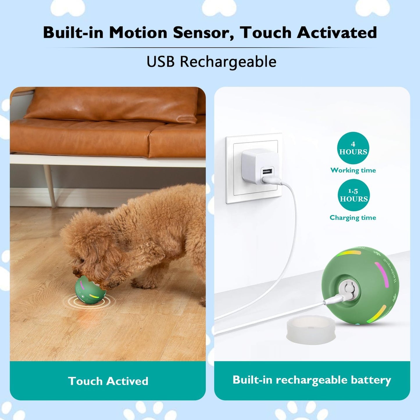Dog Balls,The 3Rd Generation Interactive Toys for Puppy/Small/Medium/Large Dogs,Improved Dog Rolling Effect Tennis Ball with Strap, Tough Motion Activated Automatic Moving Dog Toys (Green)