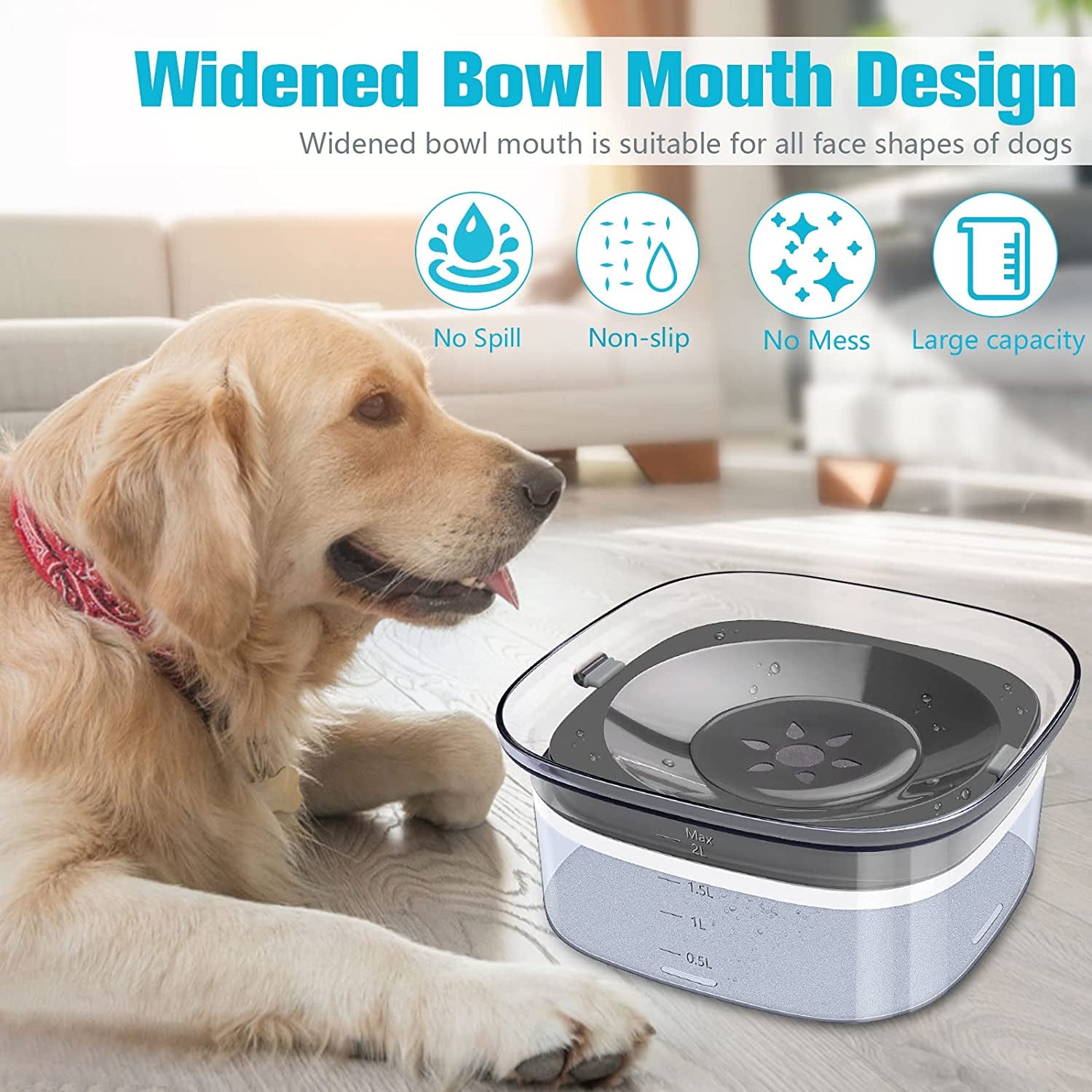 70Oz Dog Water Bowl 2L No Spill Large Capacity Slow Feeder, Spill Proof Pet Water Dispenser Vehicle Carried Travel Drinking Water Bowl for Dogs, Cats