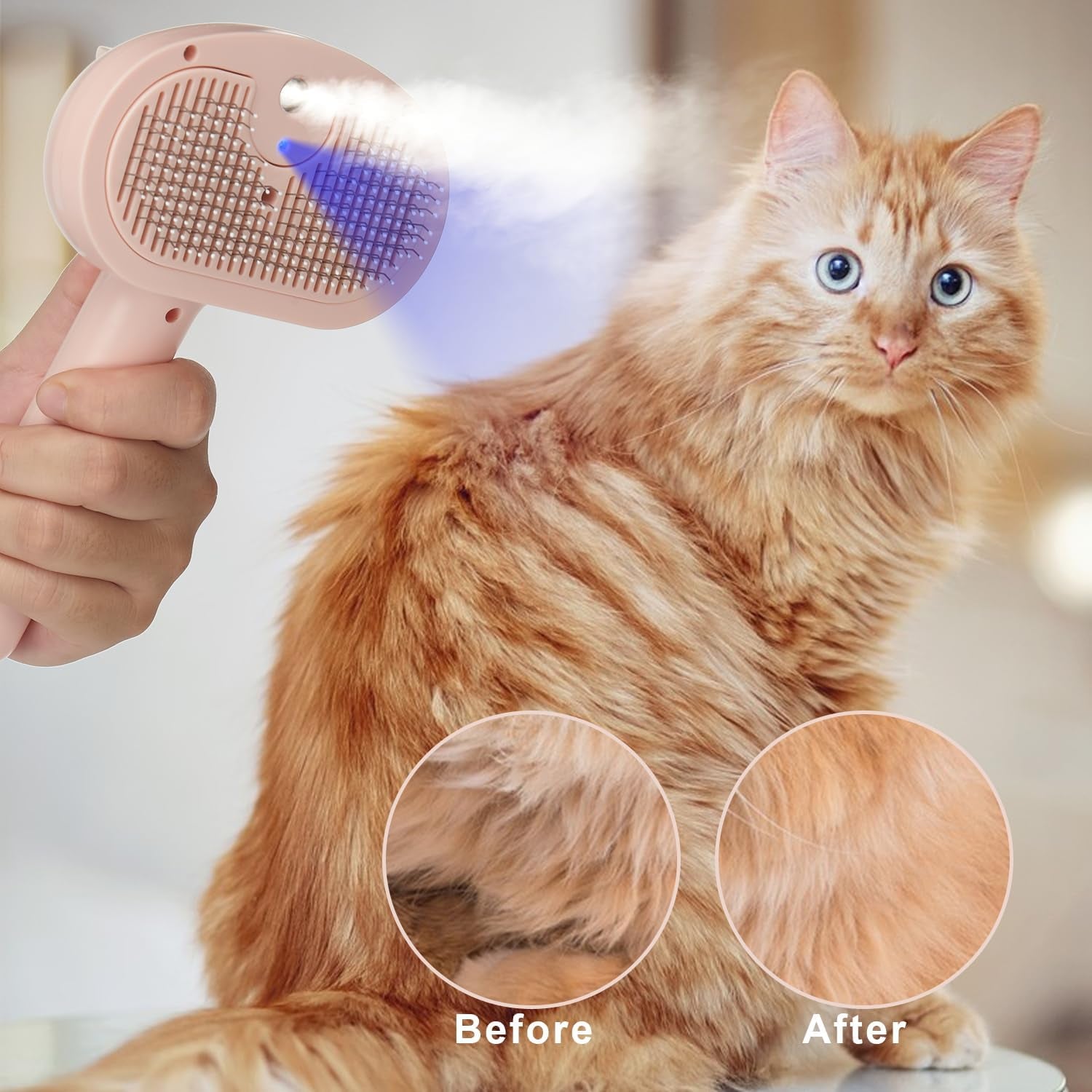 Pet Steam Hair Comb Brush for Shedding, 4 in 1 Spray Brush for Long & Short Haired Cat&Dog, Self-Cleaning Hair Remover with Water Tank and LED Blue Light, Release Button (Pink)