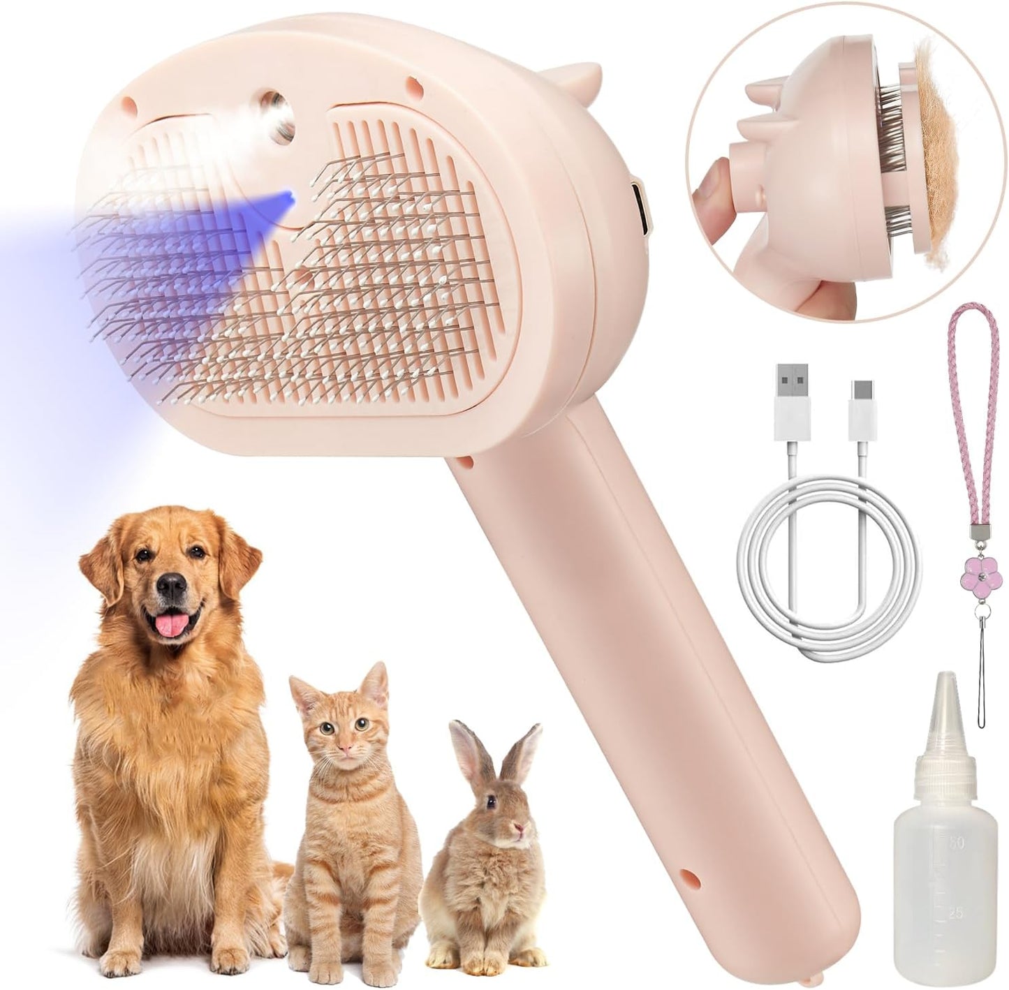 Pet Steam Hair Comb Brush for Shedding, 4 in 1 Spray Brush for Long & Short Haired Cat&Dog, Self-Cleaning Hair Remover with Water Tank and LED Blue Light, Release Button (Pink)