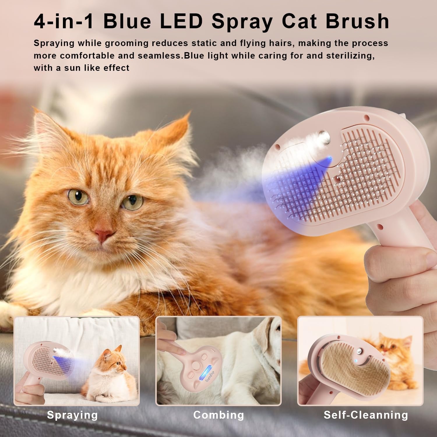 Pet Steam Hair Comb Brush for Shedding, 4 in 1 Spray Brush for Long & Short Haired Cat&Dog, Self-Cleaning Hair Remover with Water Tank and LED Blue Light, Release Button (Pink)