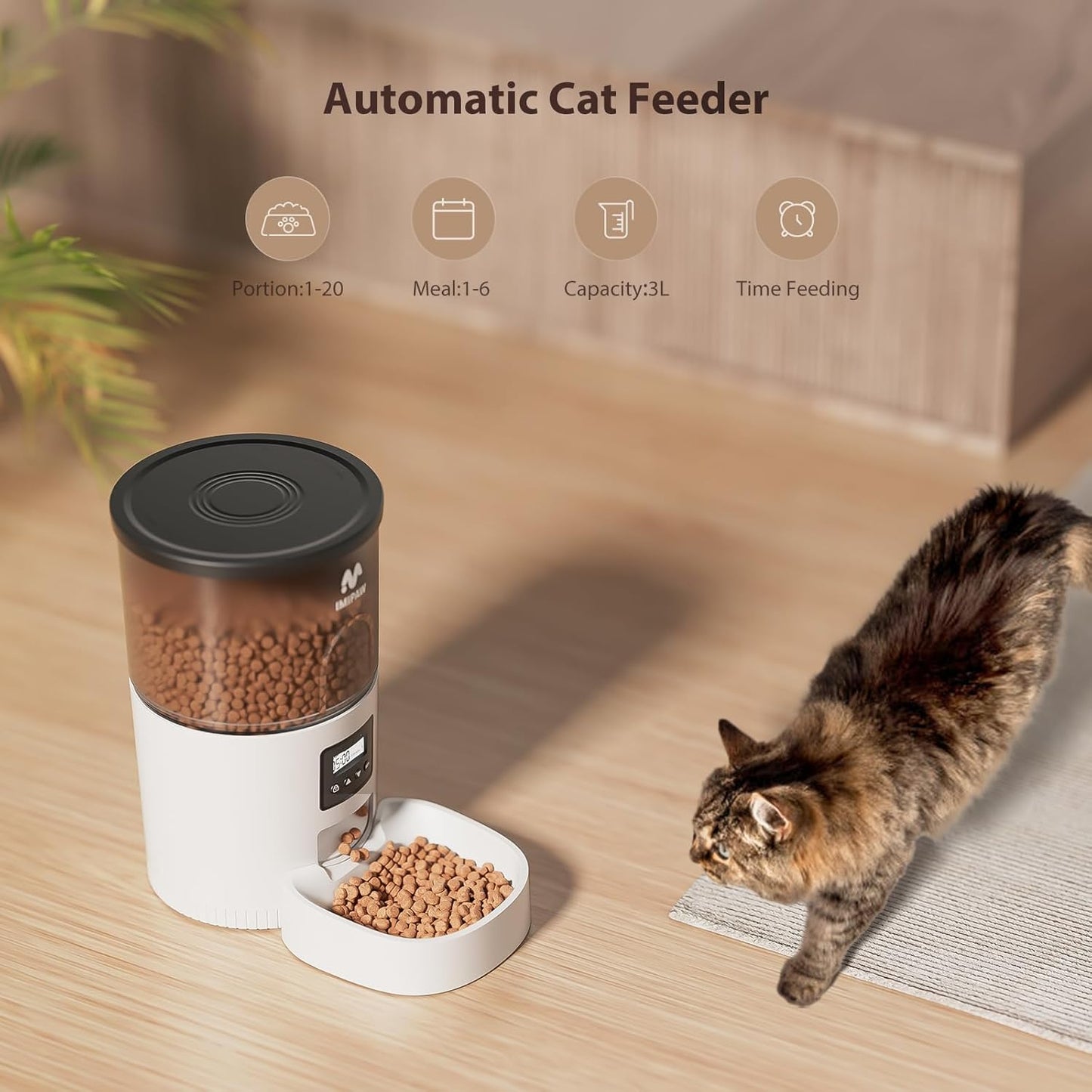Automatic Cat Feeders, 3L Timed Cat Dry Food Dispenser with Anti-Clogging Design, Auto Pet Feeder for Cats and Dogs, 1-6 Meals per Day