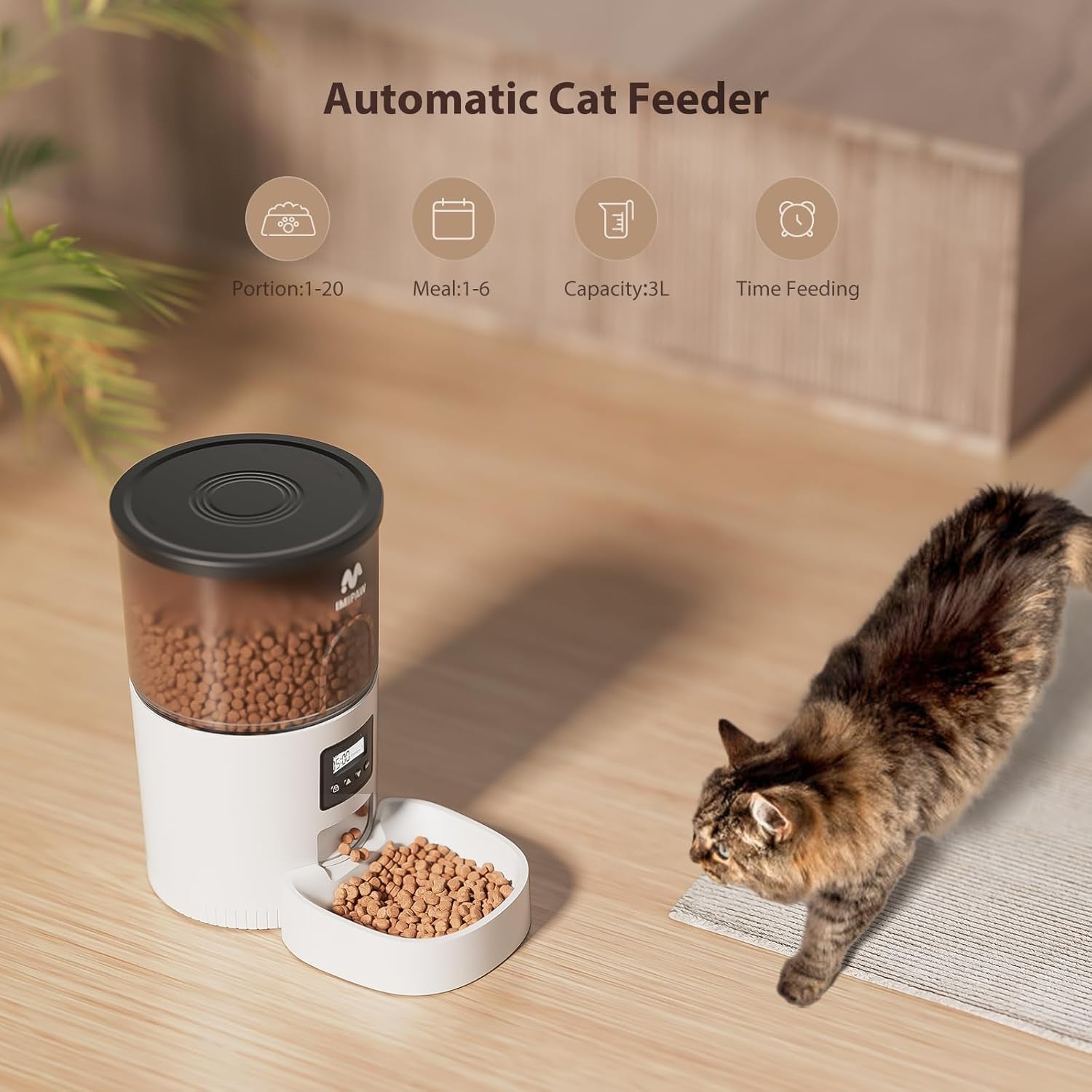Automatic Cat Feeders, 3L Timed Cat Dry Food Dispenser with Anti-Clogging Design, Auto Pet Feeder for Cats and Dogs, 1-6 Meals per Day