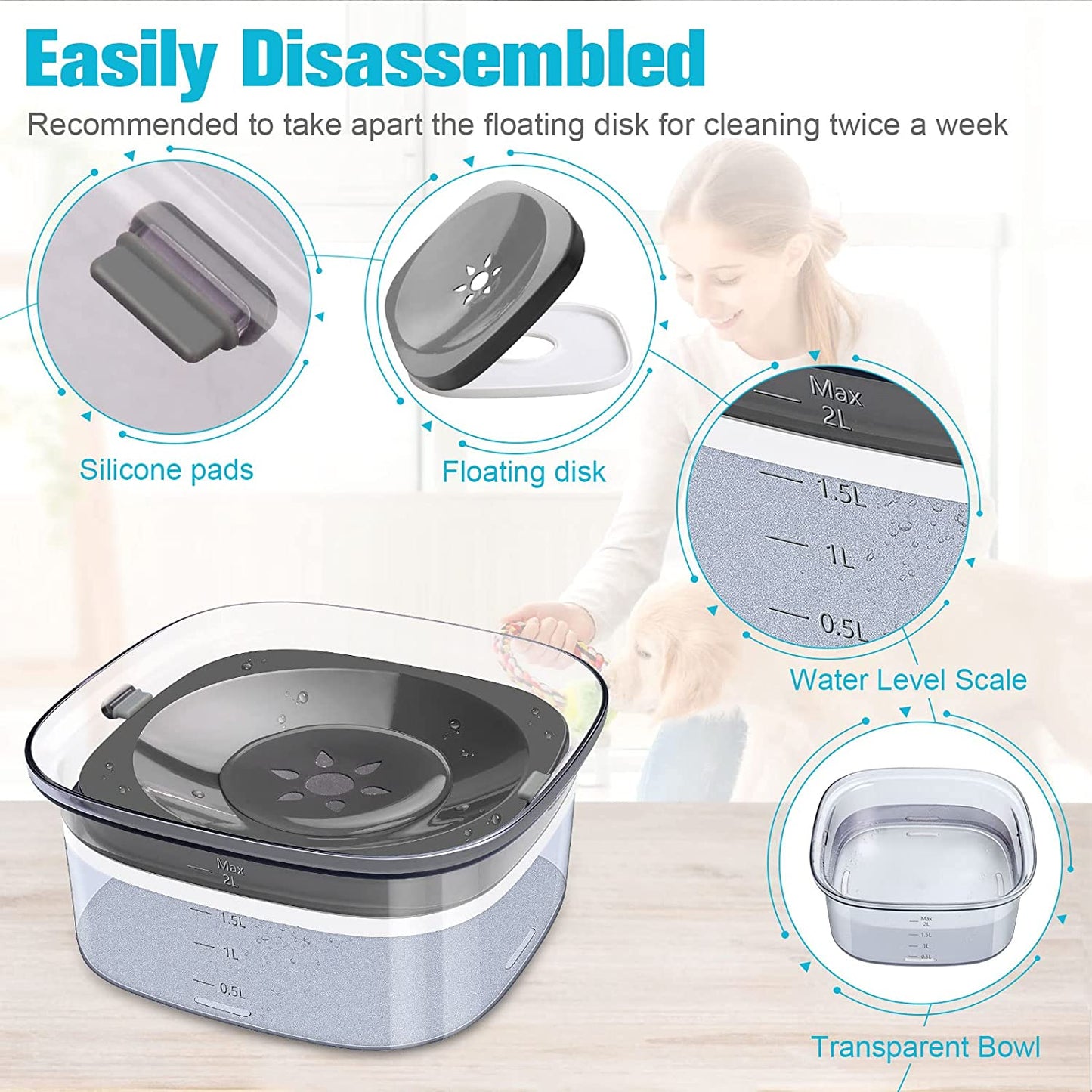 70Oz Dog Water Bowl 2L No Spill Large Capacity Slow Feeder, Spill Proof Pet Water Dispenser Vehicle Carried Travel Drinking Water Bowl for Dogs, Cats